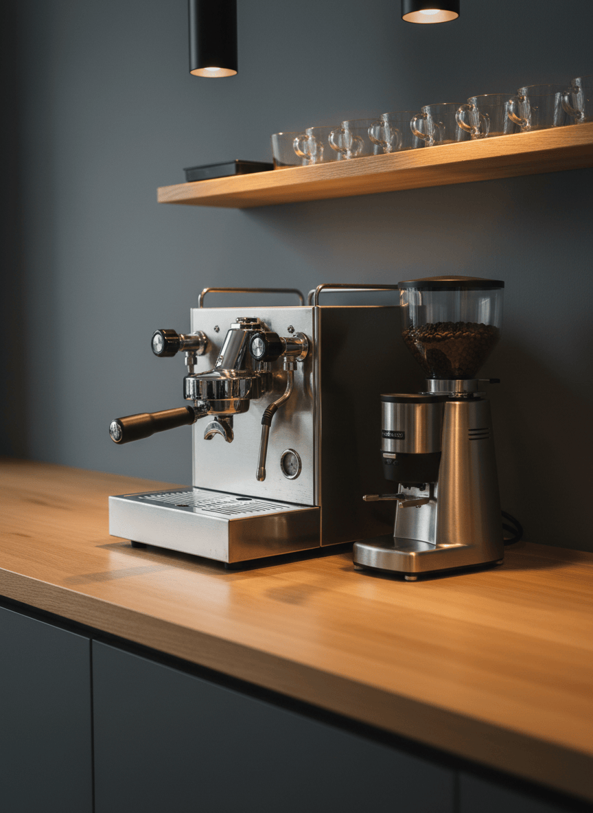 A meticulously arranged home espresso corner: a brushed stainless steel espresso machine with polished portafilter locked in, next to a compact, premium burr grinder filled with medium-roast beans visible through a clear hopper. A narrow wooden shelf above holds neatly aligned glass espresso cups and a small, elegant scale. The setup stands against a matte charcoal wall, on a smooth, light oak counter. Warm pendant lighting from above creates focused pools of light, accenting chrome details and casting soft, elongated shadows. Shot at a three-quarter angle with medium depth of field, photographic realism, the scene feels refined, aspirational, and organized, perfect for an equipment recommendation article on a sophisticated Turkish coffee blog.