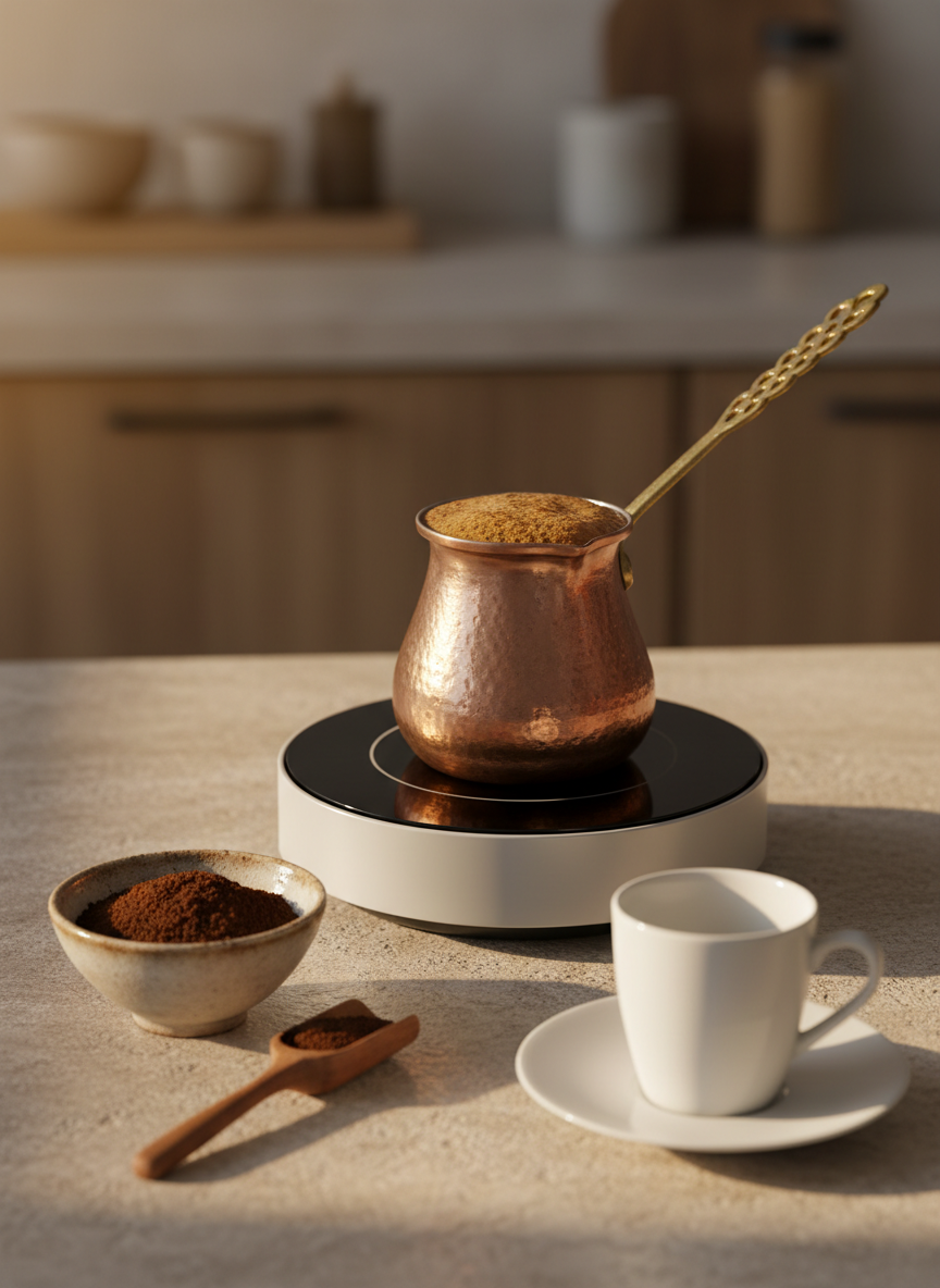 A low, round copper cezve with a long, intricately patterned brass handle gently simmering on a small, modern induction hob, dark coffee rising with a fine foam just about to overflow. Surrounding it on a pale stone countertop are a small ceramic bowl of finely ground coffee, a slim wooden scoop, and a simple white porcelain fincan waiting on a matching saucer. Soft, warm evening light enters from the side, creating a golden reflection on the copper surface and subtle shadows behind each object. Photographic realism, shot from a slightly low, close angle to emphasize the cezve and foam, with a softly blurred, minimalist kitchen background, evoking an intimate, cultural, and contemplative mood about brewing Turkish coffee at home.