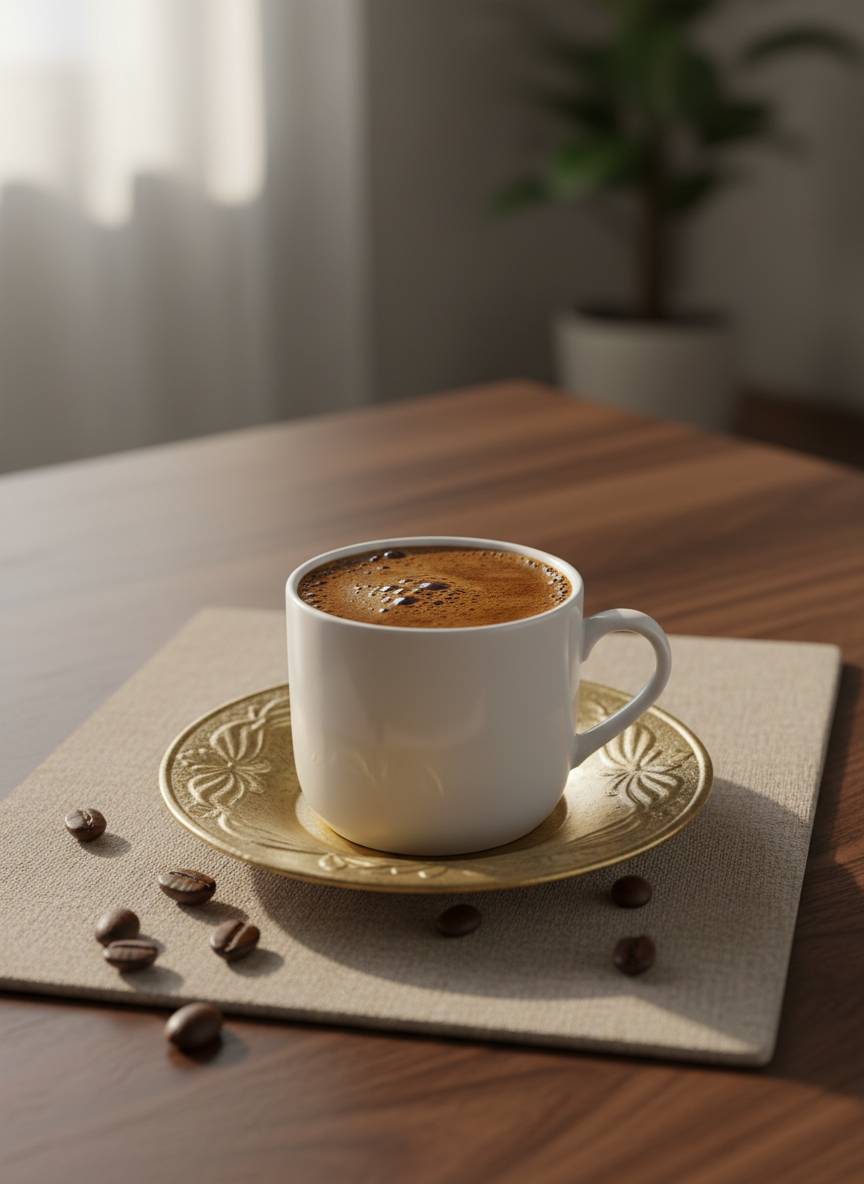 A pristine white porcelain demitasse filled with rich, dark Turkish coffee, its surface crowned with a delicate layer of foam, sits on an ornate brass saucer with subtle engravings. Around it, a few glossy, medium-dark roasted coffee beans rest on a finely woven linen napkin in warm beige. The scene is set on a dark walnut table near a window, with soft morning sunlight streaming in, creating gentle reflections on the porcelain and brass. The background is softly blurred, hinting at a minimalist, sophisticated home interior. Photographic realism, shot at a slightly elevated angle with shallow depth of field, evoking a calm, refined, and inviting atmosphere for a Turkish coffee guide homepage hero image.
