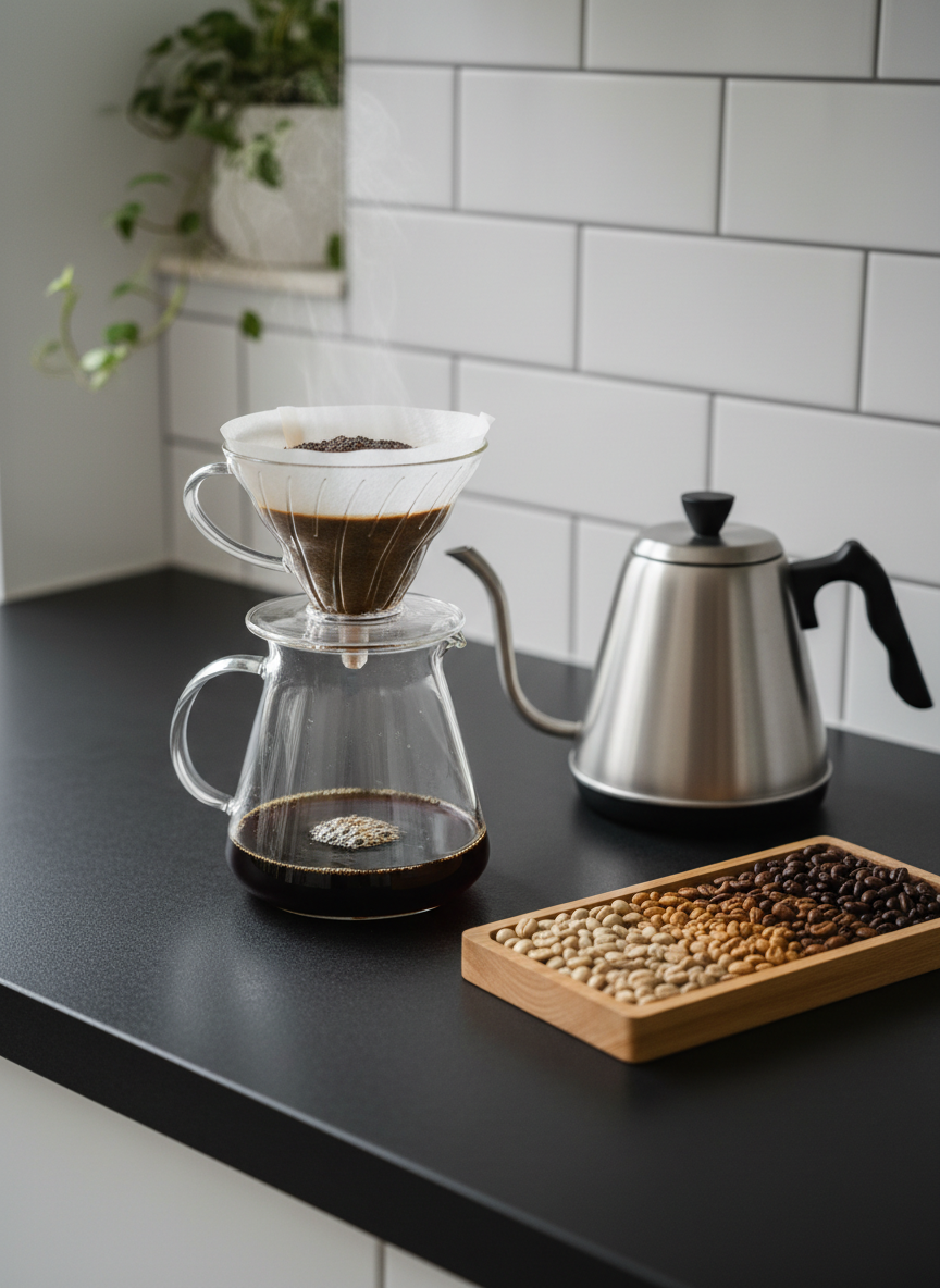 A sleek, modern home coffee brewing setup on a matte black countertop: a glass pour-over dripper with a conical paper filter blooming freshly ground coffee, beside a stainless steel gooseneck kettle emitting faint steam. Next to them, a small wooden tray displays neatly arranged whole beans in varying shades from light to dark roast. Behind, a minimalist white subway-tile backsplash and a single potted green plant add sophistication. Soft, diffused daylight from an unseen side window casts clean highlights and gentle shadows, emphasizing textures of glass, metal, and wood. Shot at eye level with a balanced composition and shallow depth of field, photographic realism, creating an educational yet luxurious mood about home brewing methods.
