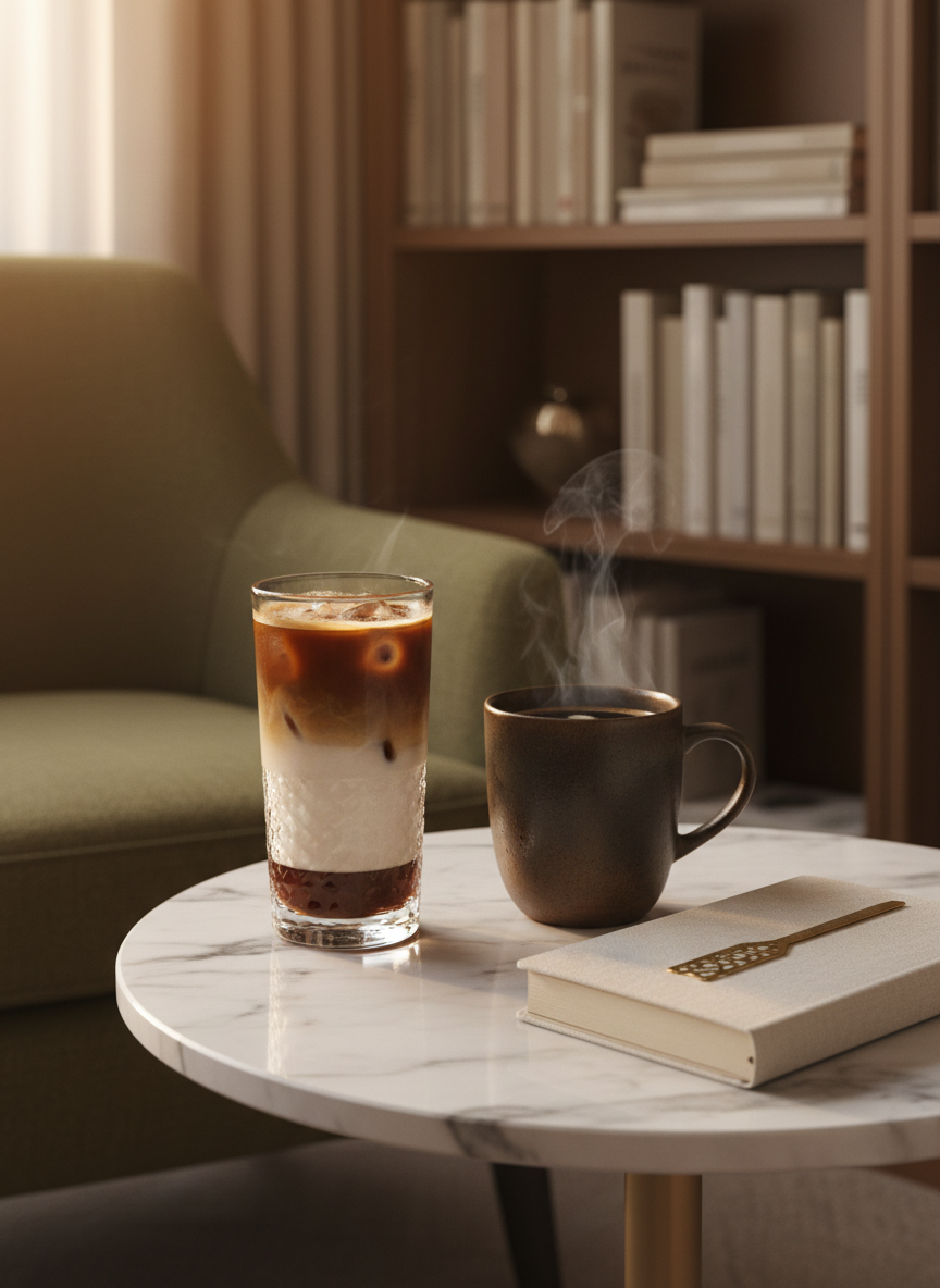 A serene coffee reading nook in a sophisticated Turkish home: a small round marble side table supporting a tall, clear glass of layered iced coffee with milk, delicate condensation on the outside, beside a dark ceramic cup of freshly brewed filter coffee. A closed, linen-bound notebook lies nearby with a simple brass bookmark resting on top. In the background, a plush armchair in muted olive fabric and a tall bookshelf filled with neutral-toned spines are softly blurred. Late afternoon natural light streams in from an unseen window, creating gentle highlights on glass, ceramic, and marble. Photographic realism, shot at a slightly elevated angle with shallow depth of field, conveying a cultured, relaxed, coffee-centric lifestyle atmosphere.
