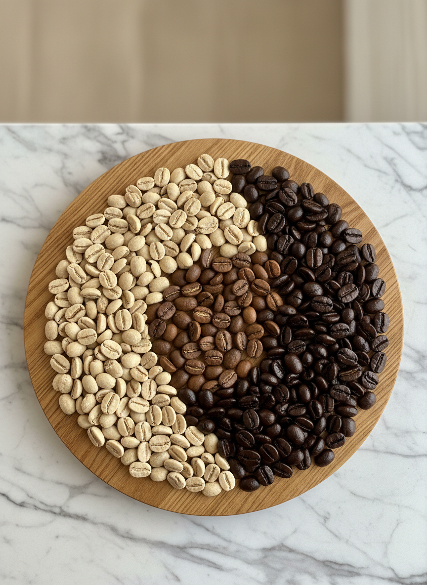 A close-up, overhead view of three distinct coffee bean varieties arranged in curved, overlapping sections on a natural oak wooden board: pale, dry-processed light roast beans, medium-brown balanced roast beans, and deep, oily dark roast beans. Each section is meticulously separated, showing differences in size, texture, and sheen. The board rests on a stone countertop with subtle marbling. Soft, indirect afternoon light from above highlights the surface of the beans, creating tiny, precise reflections on the darker ones. The background falls gently out of focus, keeping all attention on the beans’ characteristics. Photographic realism, clean and modern style, conveying a calm, educational, and sophisticated mood for a guide to choosing coffee beans.