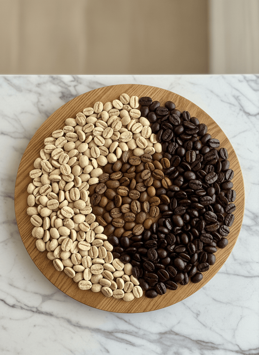 A close-up, overhead view of three distinct coffee bean varieties arranged in curved, overlapping sections on a natural oak wooden board: pale, dry-processed light roast beans, medium-brown balanced roast beans, and deep, oily dark roast beans. Each section is meticulously separated, showing differences in size, texture, and sheen. The board rests on a stone countertop with subtle marbling. Soft, indirect afternoon light from above highlights the surface of the beans, creating tiny, precise reflections on the darker ones. The background falls gently out of focus, keeping all attention on the beans’ characteristics. Photographic realism, clean and modern style, conveying a calm, educational, and sophisticated mood for a guide to choosing coffee beans.