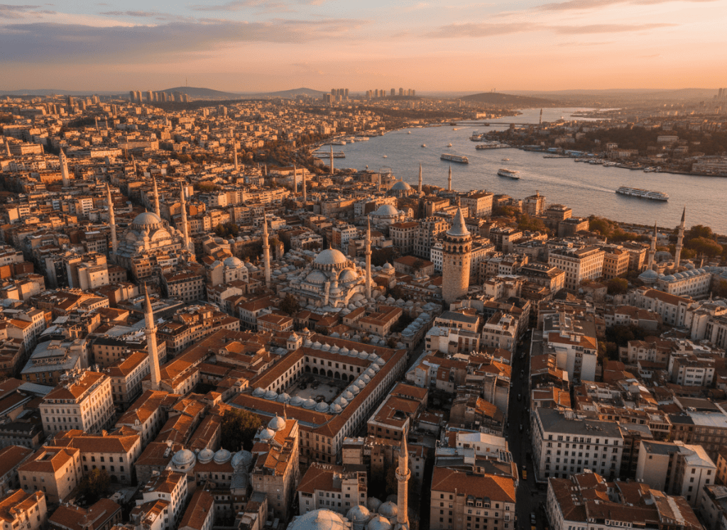 Aerial view of Istanbul's Grand Bazaar area and Beyoglu district, warm golden hour light, beautiful Turkish cityscape with minarets and the Bosphorus in the background. Cinematic and elegant.
