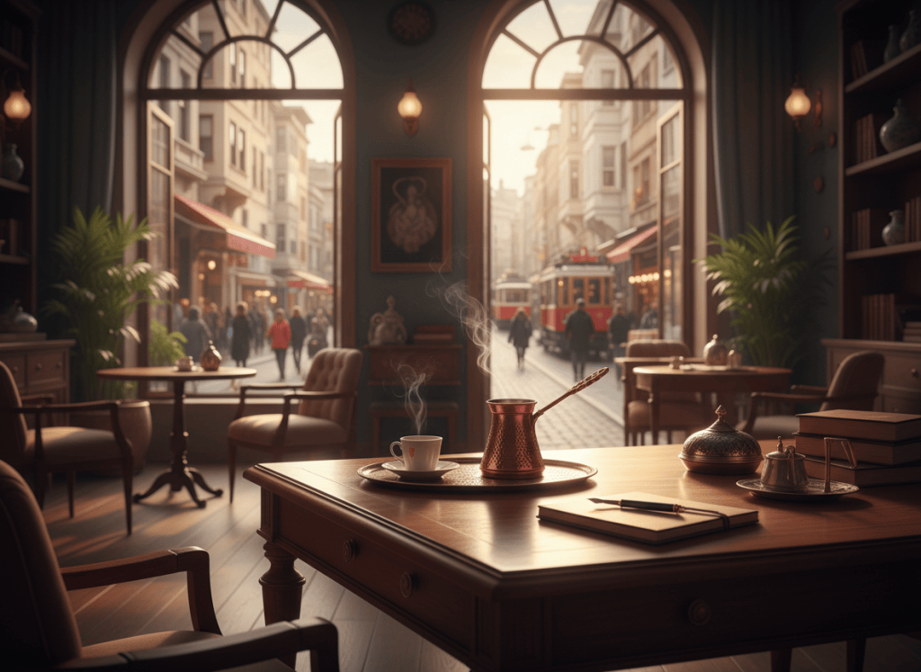 An elegant Istanbul café contact scene — a wooden desk with a copper Turkish coffee pot, a small white cup, a notepad and pen, warm golden light streaming through large windows overlooking a cobblestone Istanbul street, sophisticated and inviting atmosphere